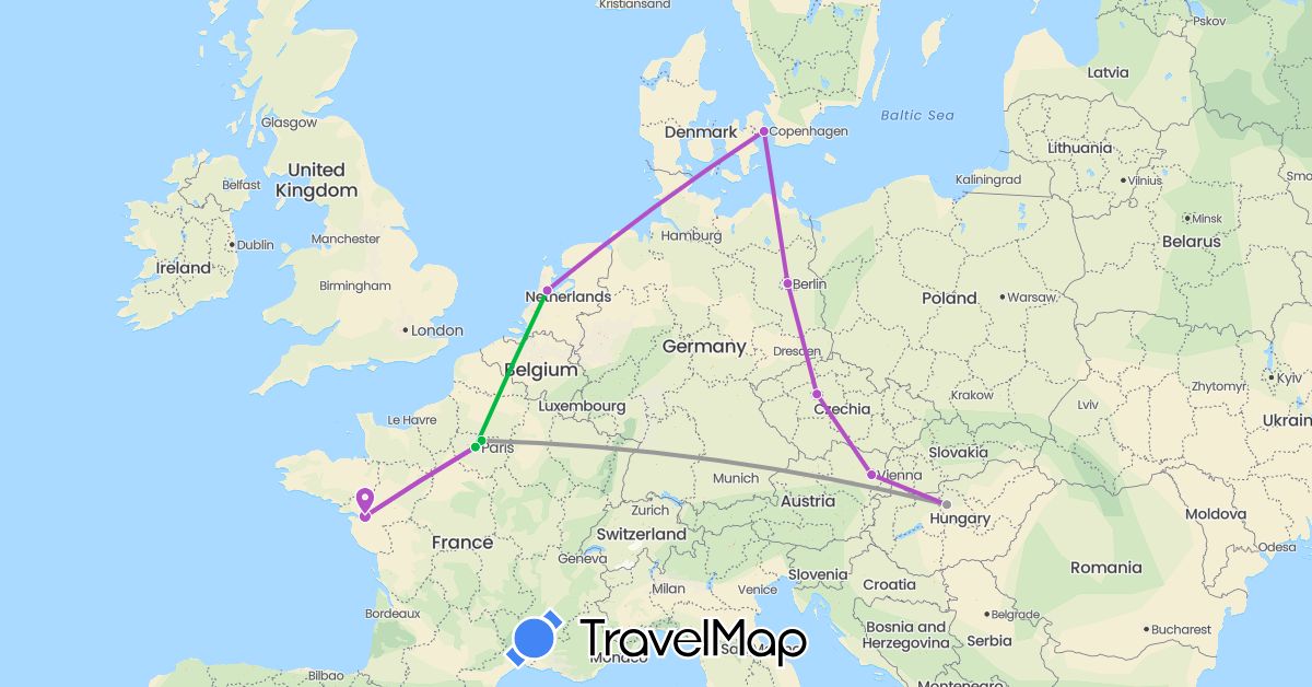 TravelMap itinerary: bus, plane, train in Austria, Czech Republic, Germany, Denmark, France, Hungary, Netherlands (Europe)
